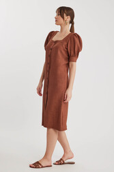 Kare Yaka Önü Düğmeli Kısa Kol Elbise - 22