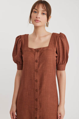 Kare Yaka Önü Düğmeli Kısa Kol Elbise - 20