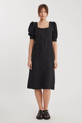 Kare Yaka Önü Düğmeli Kısa Kol Elbise - 3