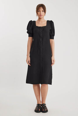 Kare Yaka Önü Düğmeli Kısa Kol Elbise - 3