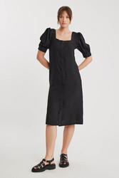 Kare Yaka Önü Düğmeli Kısa Kol Elbise - 1