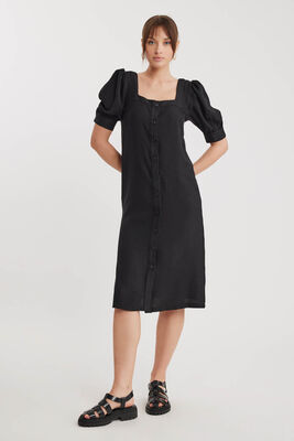 Kare Yaka Önü Düğmeli Kısa Kol Elbise - 1