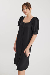 Kare Yaka Önü Düğmeli Kısa Kol Elbise - 4