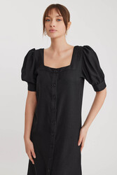 Kare Yaka Önü Düğmeli Kısa Kol Elbise - 2