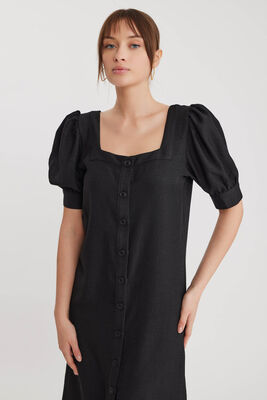 Kare Yaka Önü Düğmeli Kısa Kol Elbise - 2