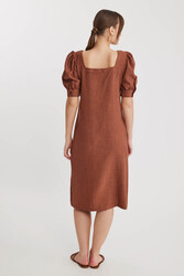 Kare Yaka Önü Düğmeli Kısa Kol Elbise - 23