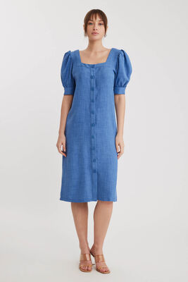 Kare Yaka Önü Düğmeli Kısa Kol Elbise - 24