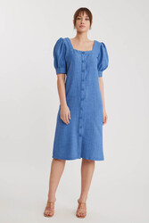 Kare Yaka Önü Düğmeli Kısa Kol Elbise - 26