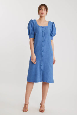 Kare Yaka Önü Düğmeli Kısa Kol Elbise - 26