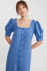 Kare Yaka Önü Düğmeli Kısa Kol Elbise - 25