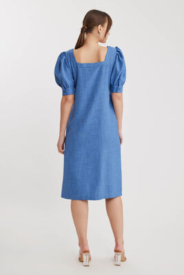 Kare Yaka Önü Düğmeli Kısa Kol Elbise - 27