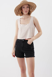 Kare Yaka Sıfır Kol Crop Bluz - 2