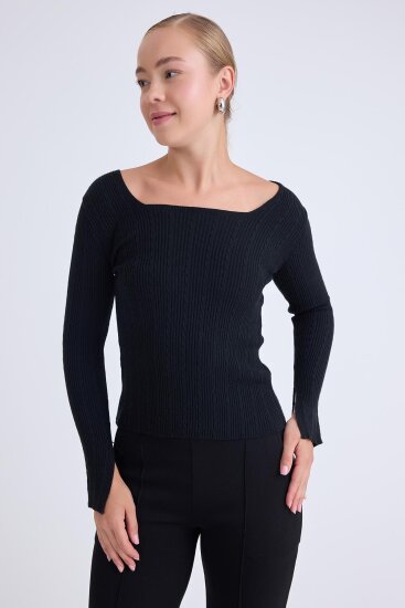 Kare Yaka Uzun Kol Triko Bluz - 1