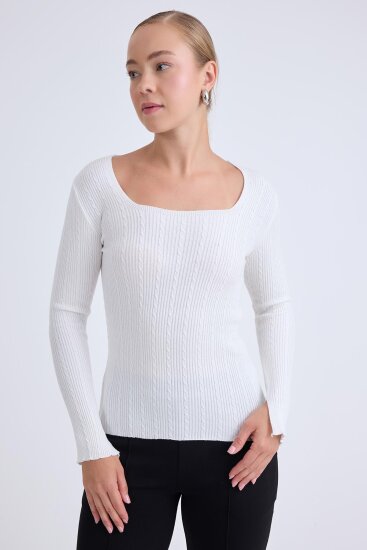 Kare Yaka Uzun Kol Triko Bluz - 5