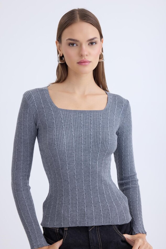 Kare Yaka Uzun Kol Triko Bluz - 9