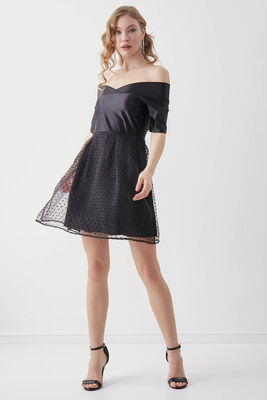 Kayık Yaka Eteği Desenli Elbise - 1