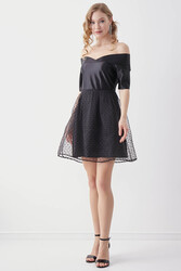 Kayık Yaka Eteği Desenli Elbise - 2