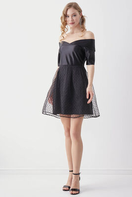 Kayık Yaka Eteği Desenli Elbise - 2