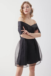 Kayık Yaka Eteği Desenli Elbise - 3