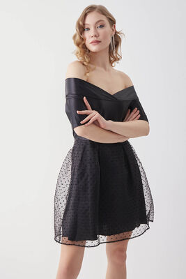 Kayık Yaka Eteği Desenli Elbise - 3