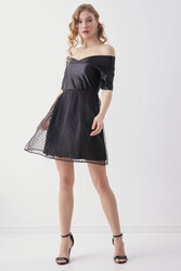 Kayık Yaka Eteği Desenli Elbise - 9