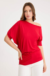 Kayık Yaka Kısa Kol Modal Bluz - 6