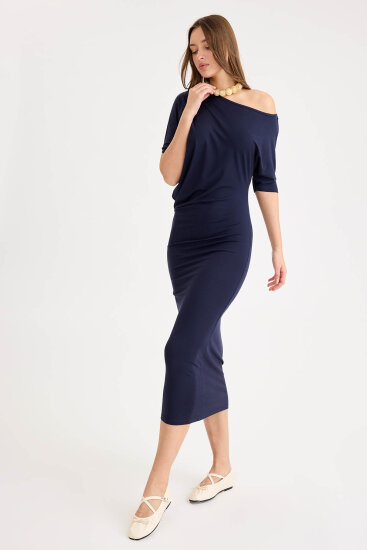 Kayık Yaka Kısa Kol Modal Elbise - 3