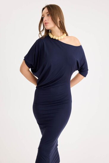 Kayık Yaka Kısa Kol Modal Elbise - 4