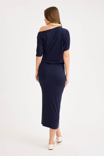 Kayık Yaka Kısa Kol Modal Elbise - 5