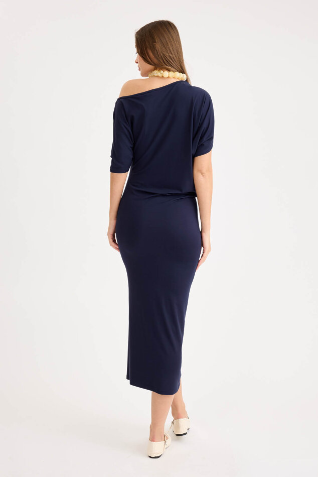 Kayık Yaka Kısa Kol Modal Elbise - 5