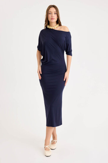 Kayık Yaka Kısa Kol Modal Elbise - 2