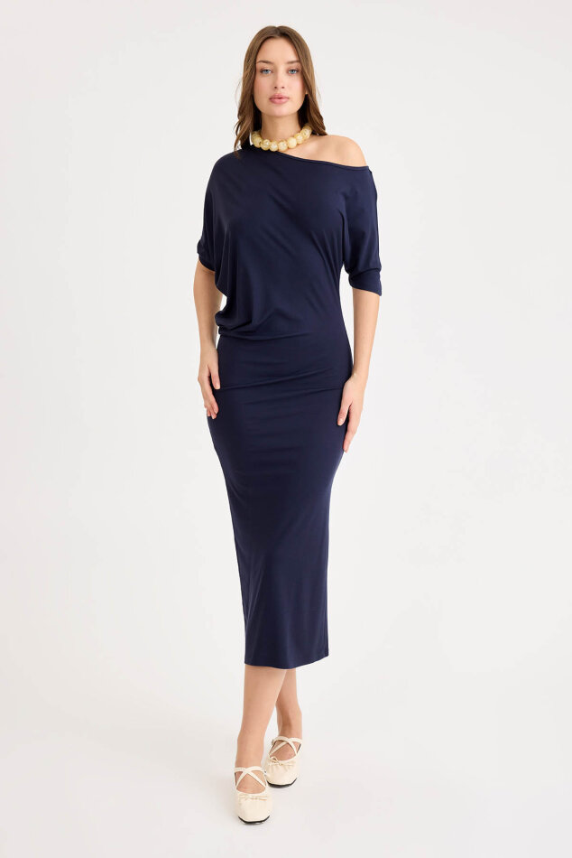 Kayık Yaka Kısa Kol Modal Elbise - 2