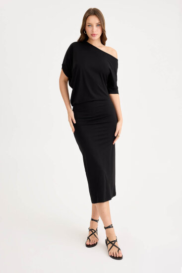 Kayık Yaka Kısa Kol Modal Elbise - 6