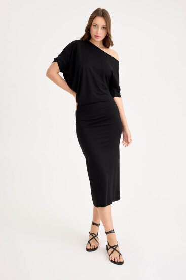 Kayık Yaka Kısa Kol Modal Elbise - 7