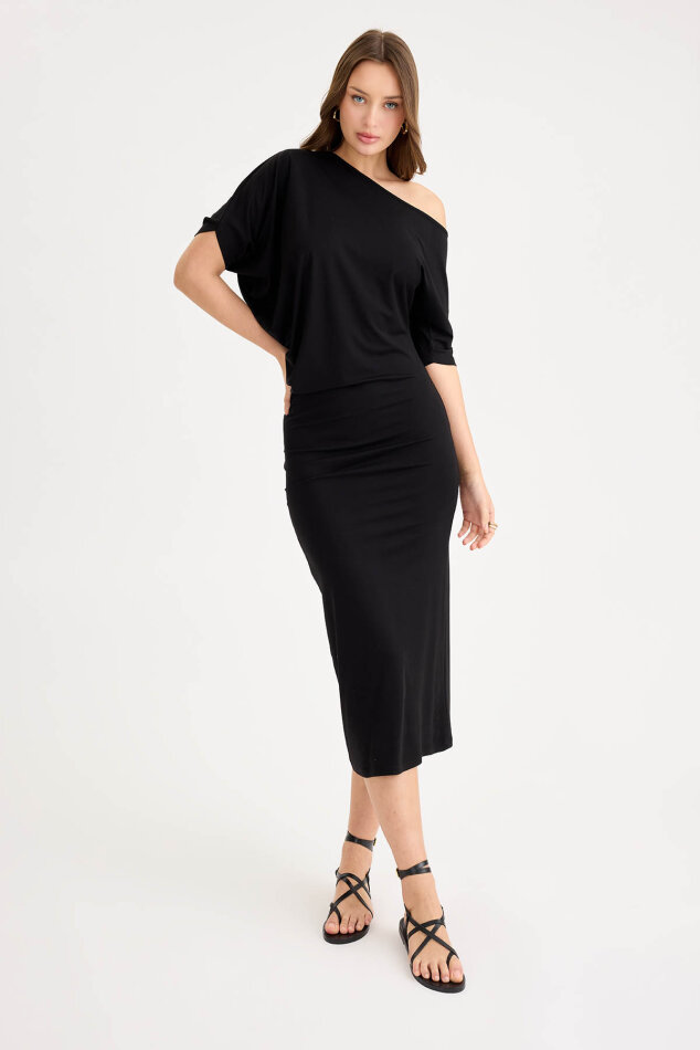 Kayık Yaka Kısa Kol Modal Elbise - 7