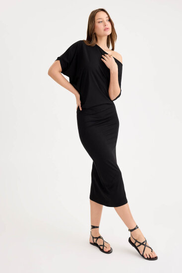 Kayık Yaka Kısa Kol Modal Elbise - 8