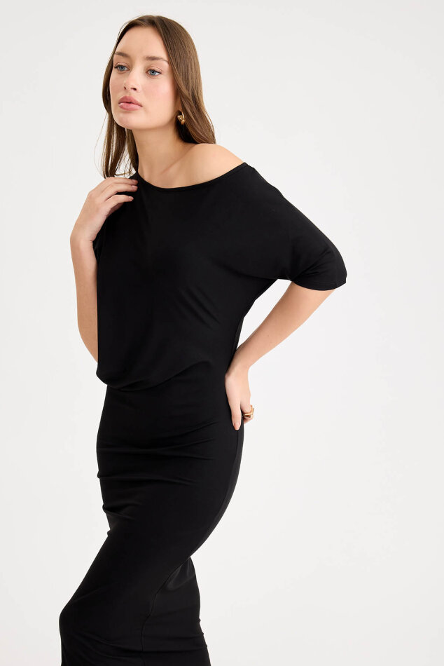 Kayık Yaka Kısa Kol Modal Elbise - 9