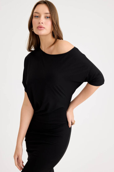 Kayık Yaka Kısa Kol Modal Elbise - 11