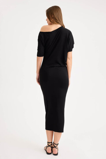 Kayık Yaka Kısa Kol Modal Elbise - 10