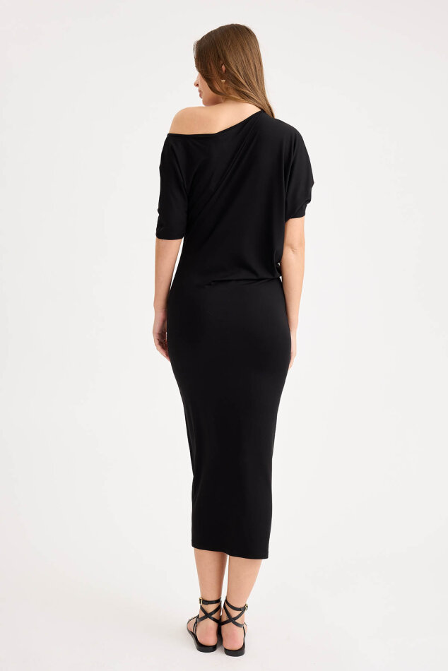 Kayık Yaka Kısa Kol Modal Elbise - 10