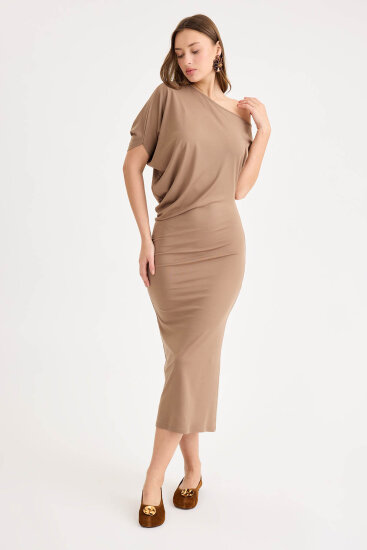 Kayık Yaka Kısa Kol Modal Elbise - 13