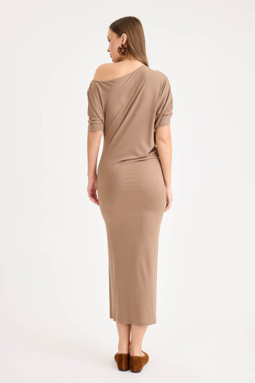 Kayık Yaka Kısa Kol Modal Elbise - 16