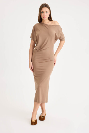 Kayık Yaka Kısa Kol Modal Elbise - 12