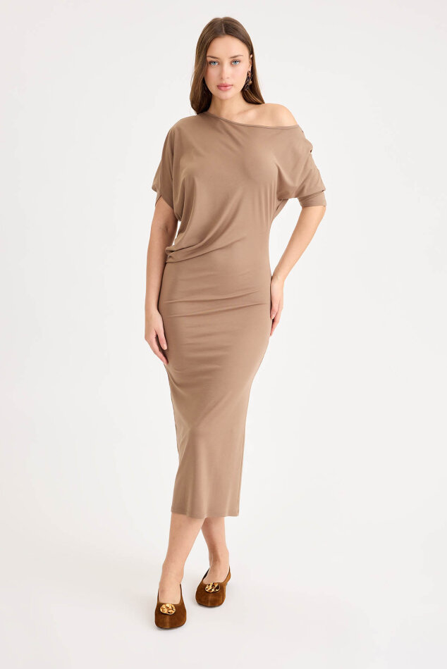 Kayık Yaka Kısa Kol Modal Elbise - 12