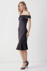 Kayık Yaka Ucu Volanlı Elbise - 7