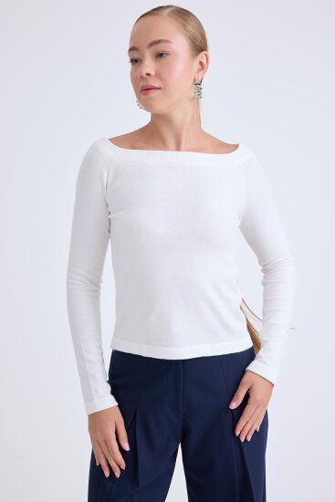 Kayık Yaka Uzun Kol Triko Bluz - 1