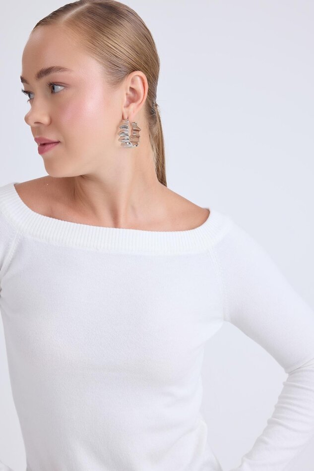 Kayık Yaka Uzun Kol Triko Bluz - 2