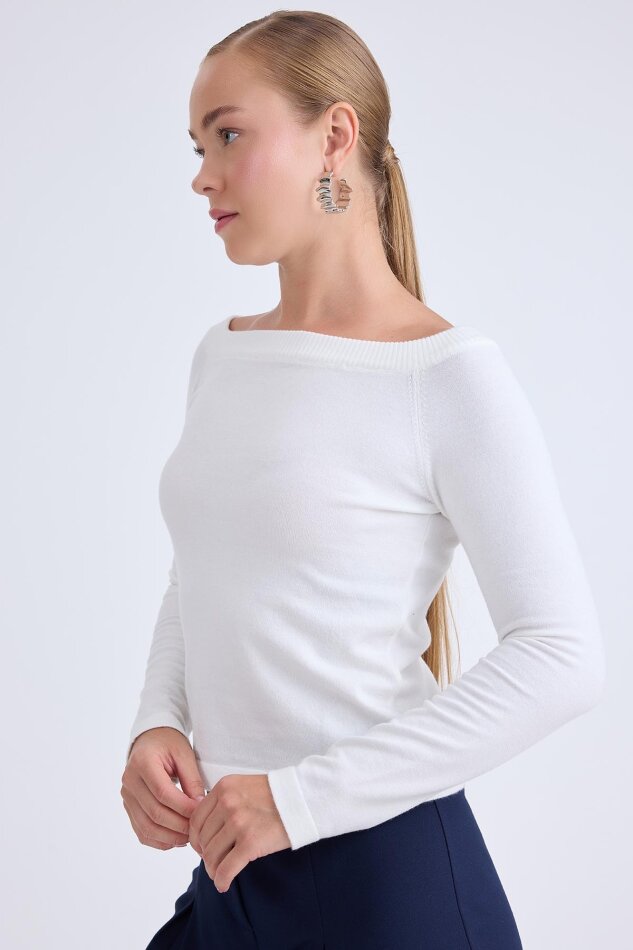 Kayık Yaka Uzun Kol Triko Bluz - 3