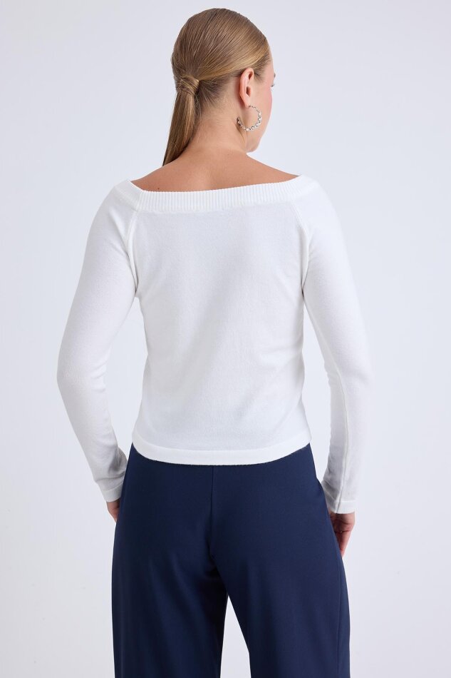 Kayık Yaka Uzun Kol Triko Bluz - 4