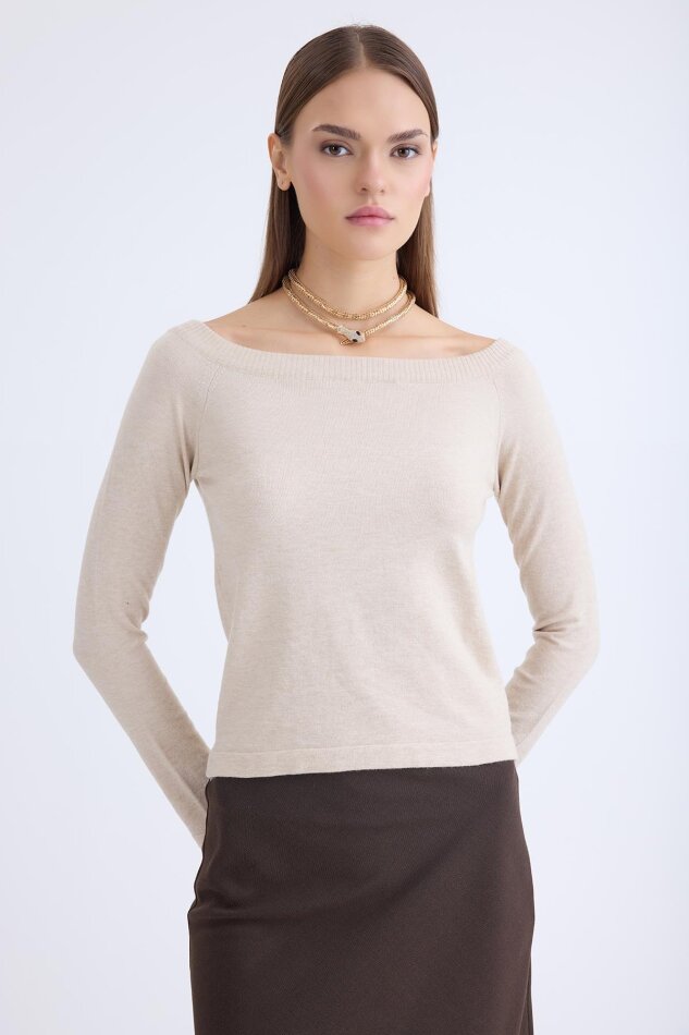 Kayık Yaka Uzun Kol Triko Bluz - 10